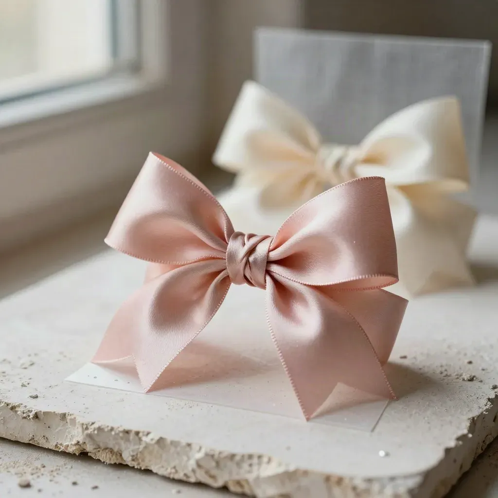 Macro of a blush peel-and-stick gift bow lifting from its liner over pale plaster.