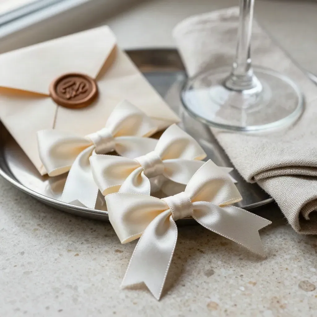 Ivory satin wedding favor bows on cool stone with a wax-sealed bag, glass dish, and linen napkin