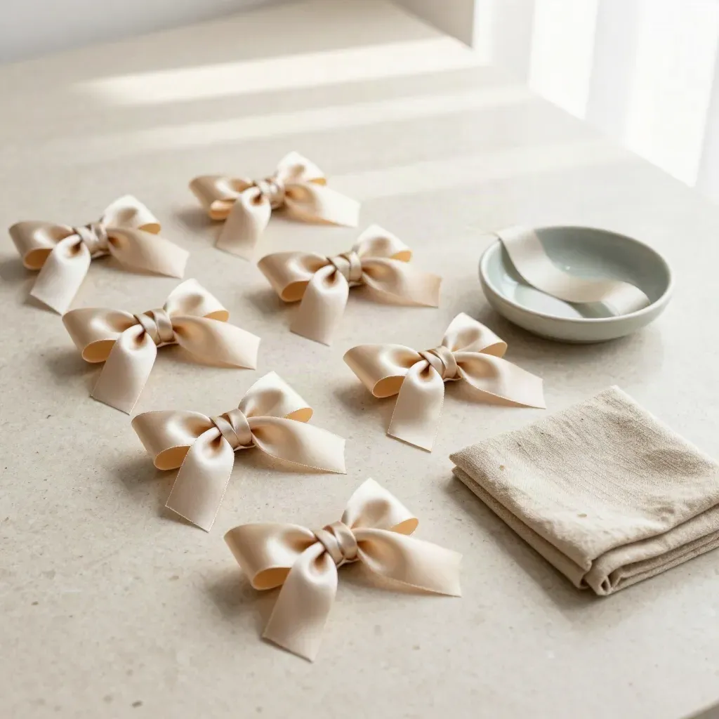 Overhead flatlay of six satin bows with linen and a sage ceramic dish on pale stone.