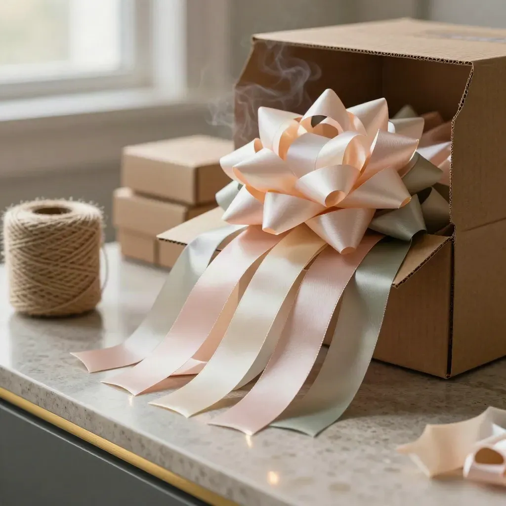 Bulk bundle of pastel gift bows spilling from a kraft box on a stone packing island.