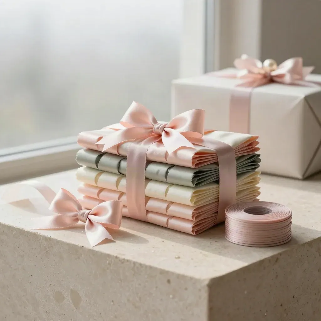 Adhesive gift bow pack on limestone with loose bows, ribbon coil, and tissue in soft post-rain light.