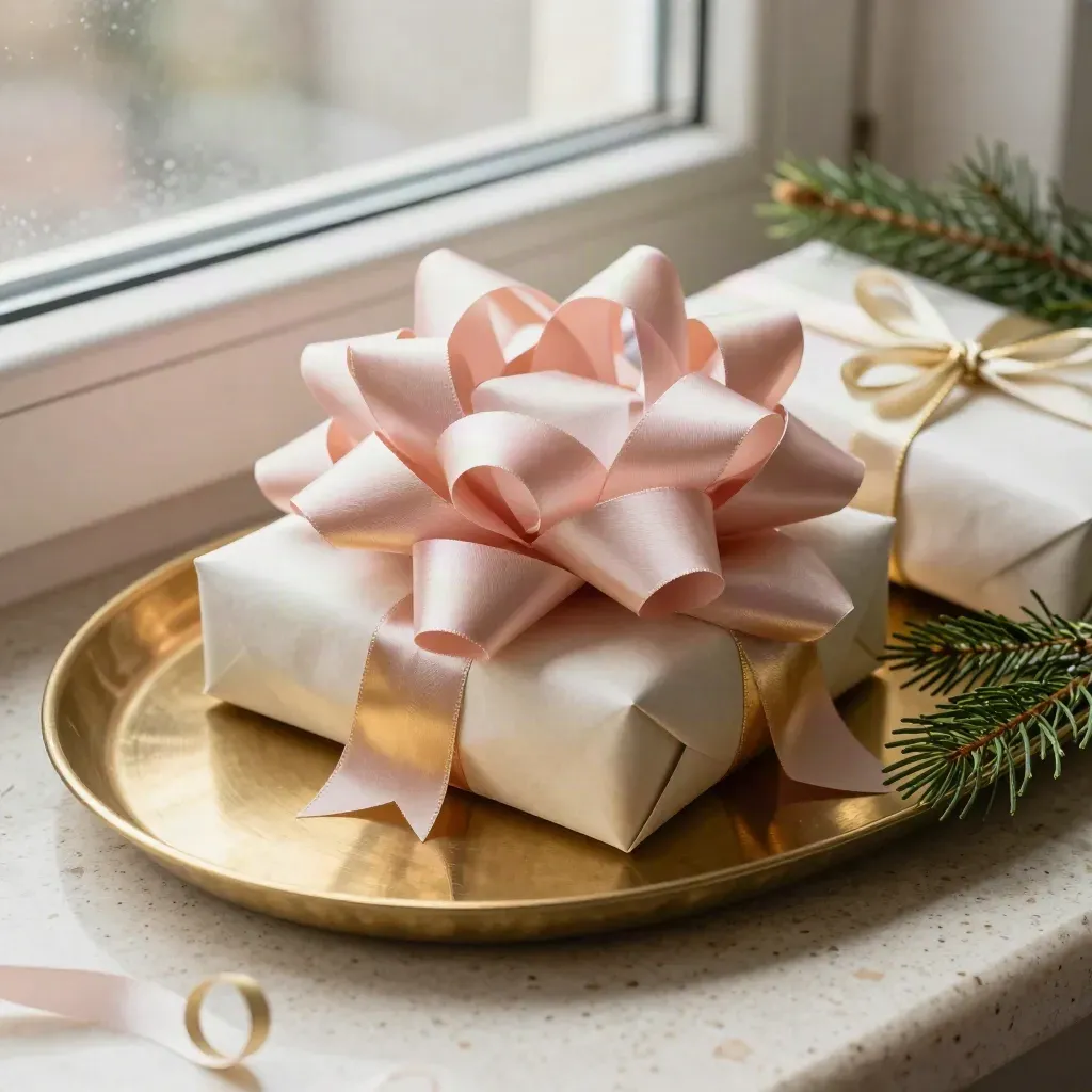 Holiday gift bows beside a wrapped parcel, brass tray, and evergreen clipping in soft winter light.