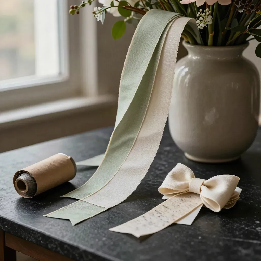 Ribbon samples and a ceramic vase with stems on matte black stone in a florist prep scene.