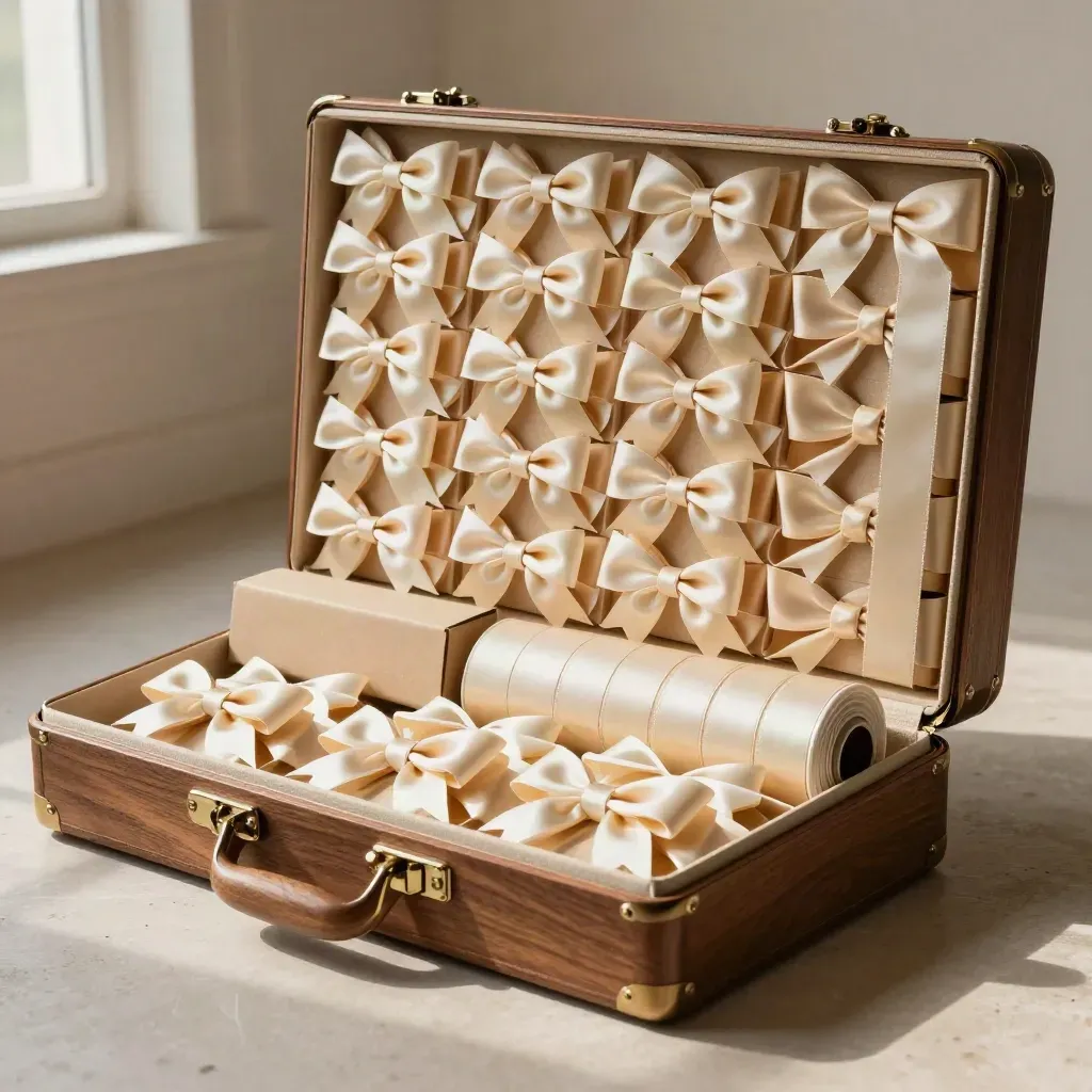Open bow case with dense rows of cream bows, two cartons, and a ribbon coil on a pale studio floor.
