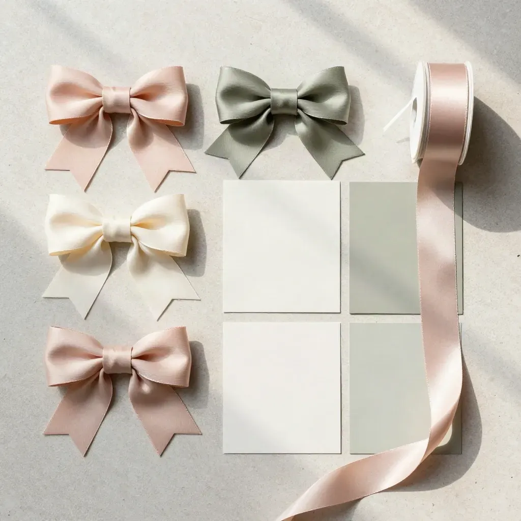 Overhead flatlay of bow samples, swatches, color cards, and ribbon on pale stone.