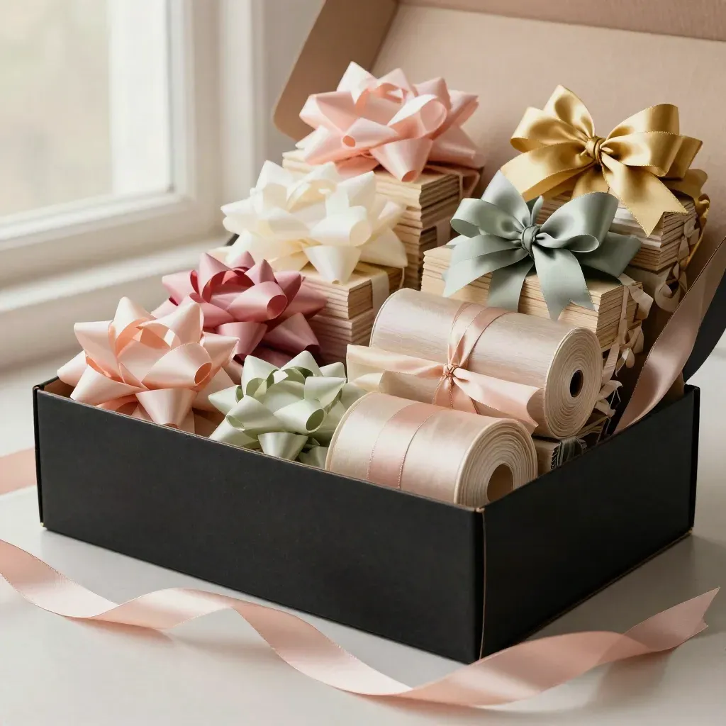 Open cartons packed with colorful ribbon bows and rolls on a dark studio ledge.