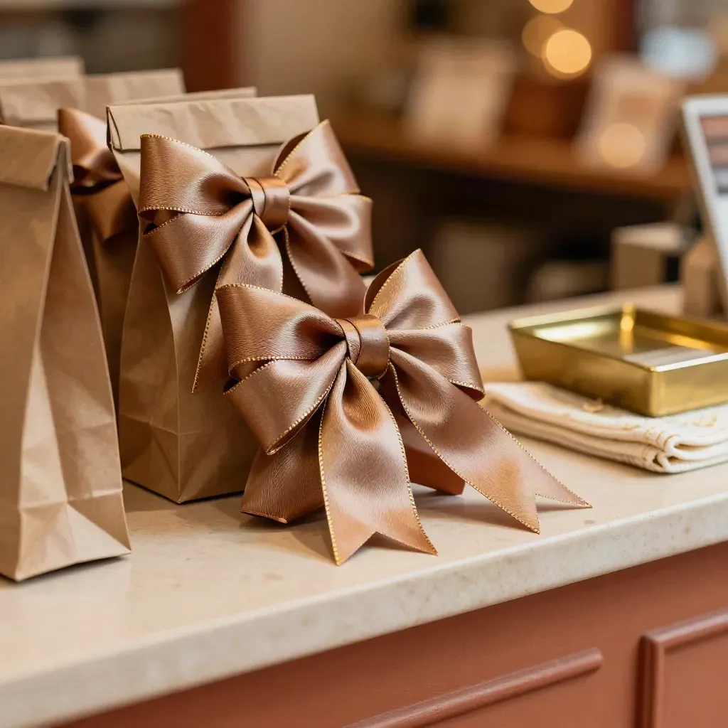 Macro of satin bow texture beside kraft bags, cloth, and a brass receipt tray at a gift shop counter.