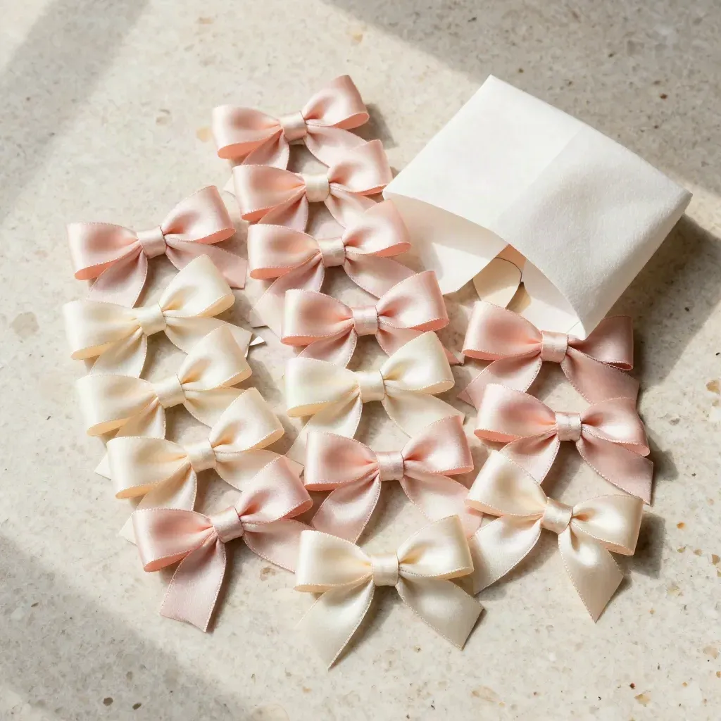 Top-down flat lay of blush and cream satin gift bows clustered around unmarked packaging on travertine.