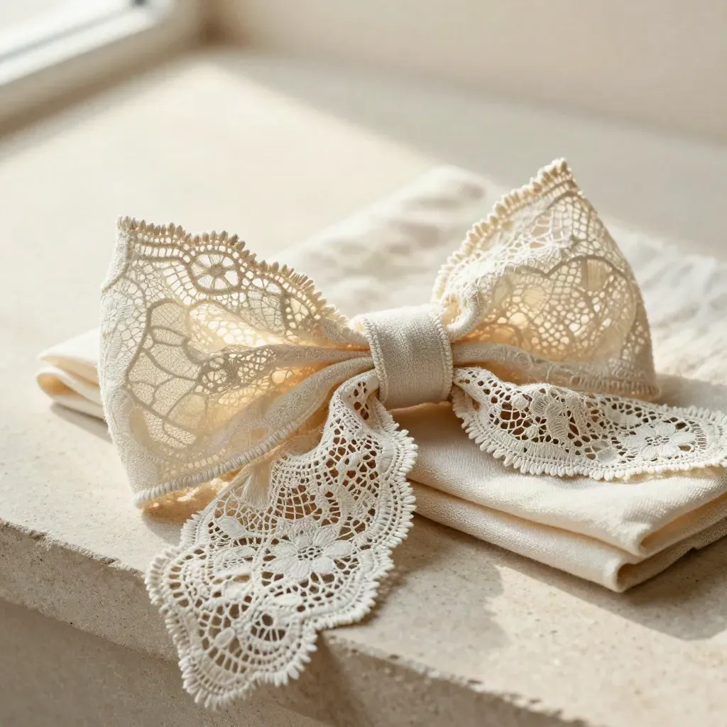 Cream lace favor bows draped over pale stone with folded muslin, macro texture detail.