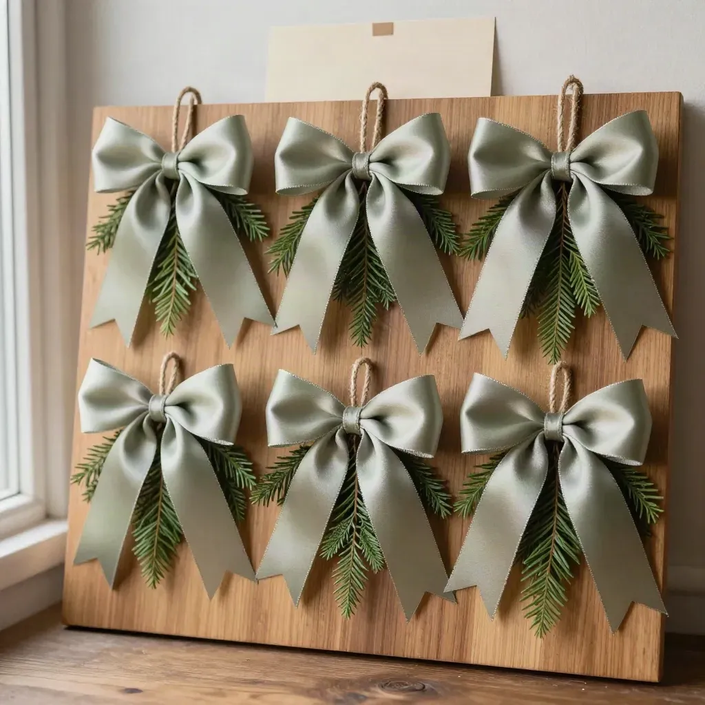 Sage wreath bows, twine, evergreen clippings on a matte wood board in soft studio light.