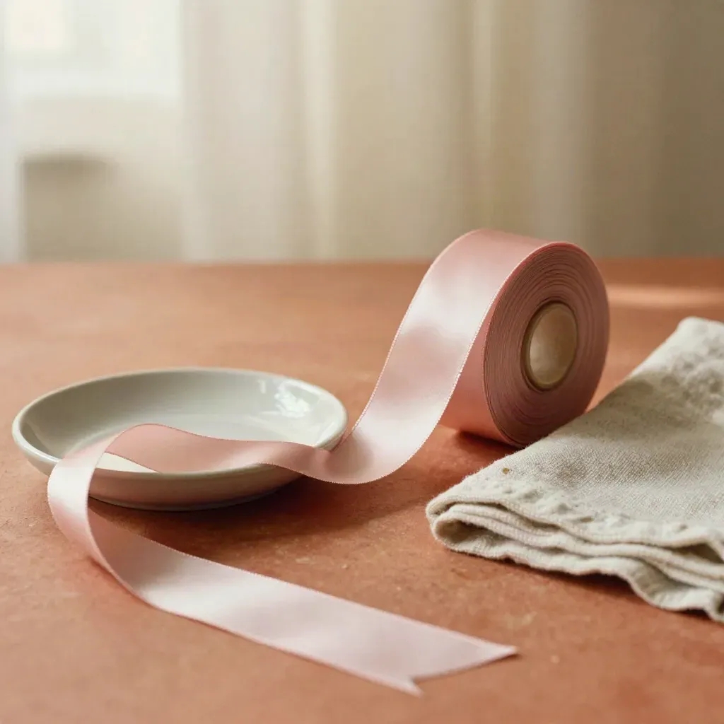 Blush ribbon bow rolls with an unspooled arc, ceramic dish and folded cloth on warm terracotta.