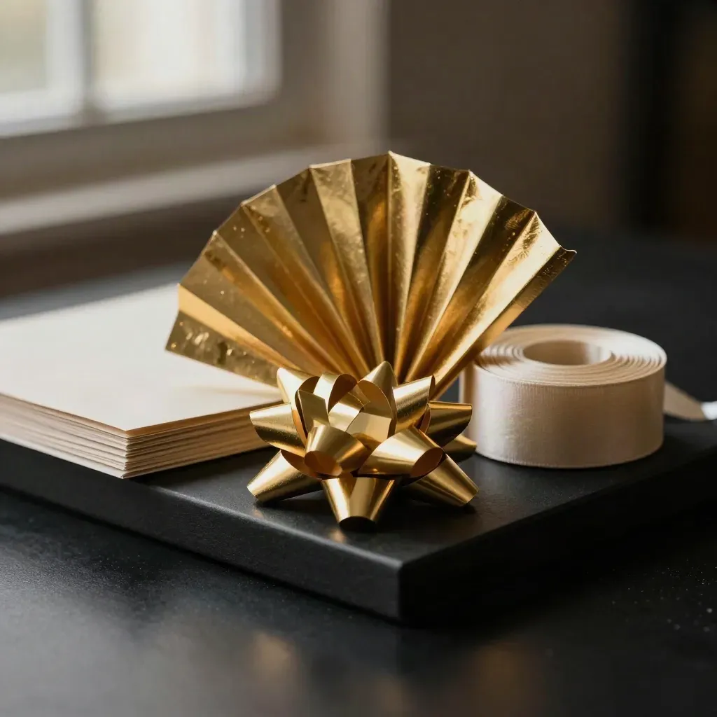 Gold foil tag bows beside paper stack and ribbon coil on a dark dramatic studio surface.