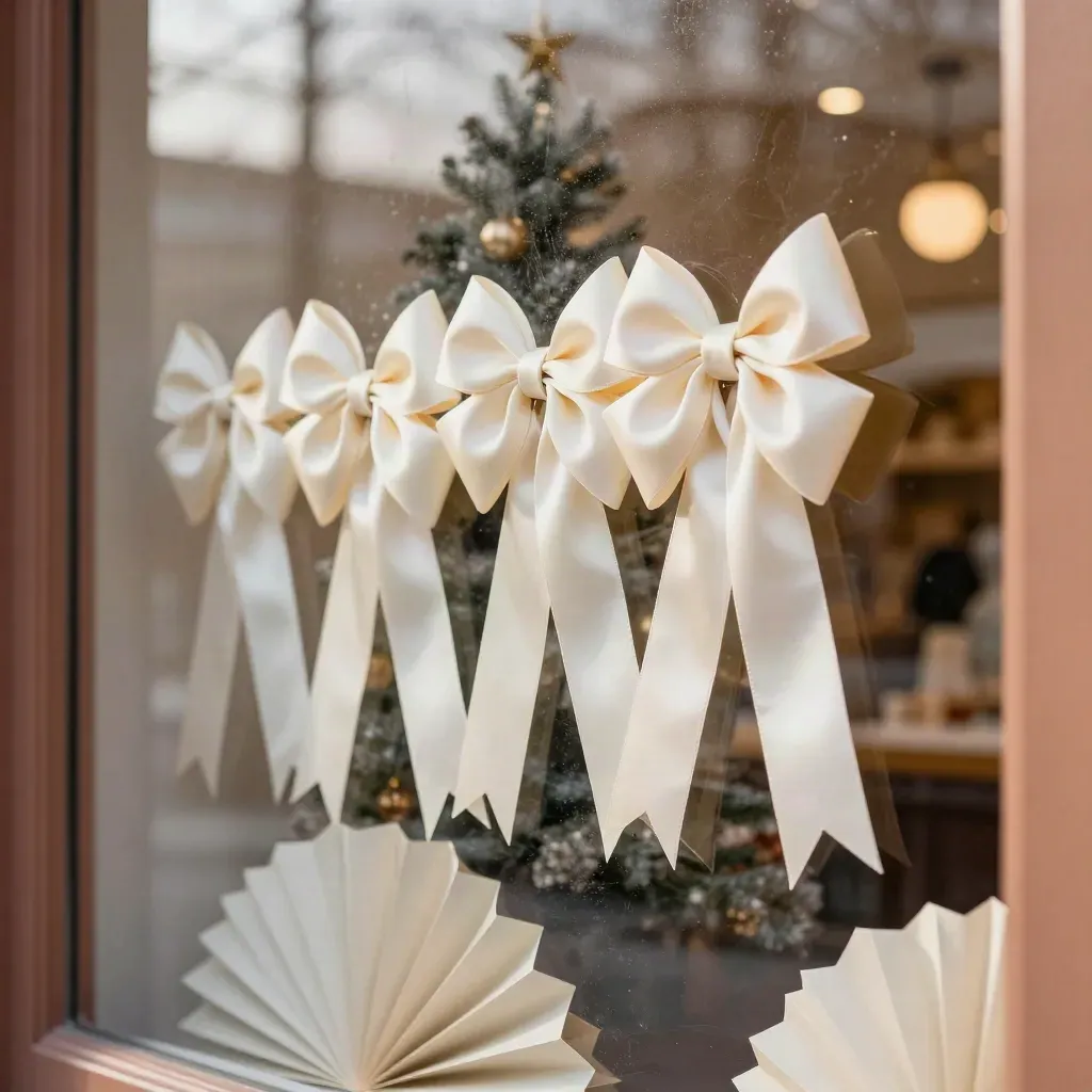 Cream holiday window bows clipped to glass with soft reflections and blurred shop decor.