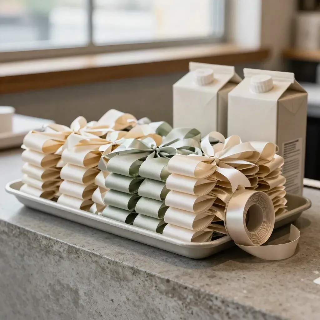 Stacked counter display bows in a tray with ribbon coil and cartons at a checkout edge.