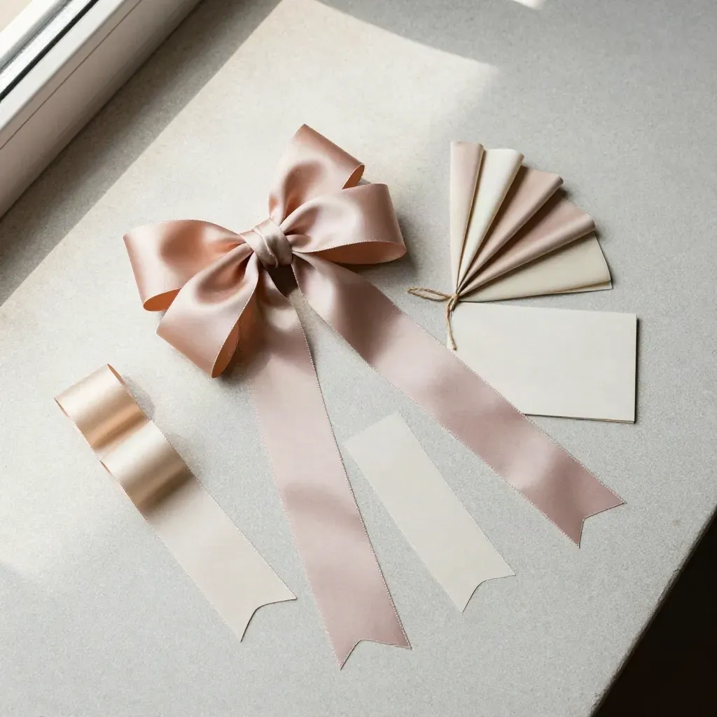 Overhead flatlay of a premium custom event bow set with ribbon loops and twine