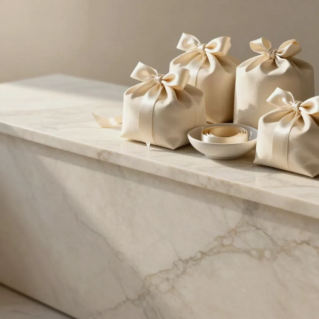 Marble wrapping station with cream bow packs, ribbon coils, and a ceramic bowl in morning light