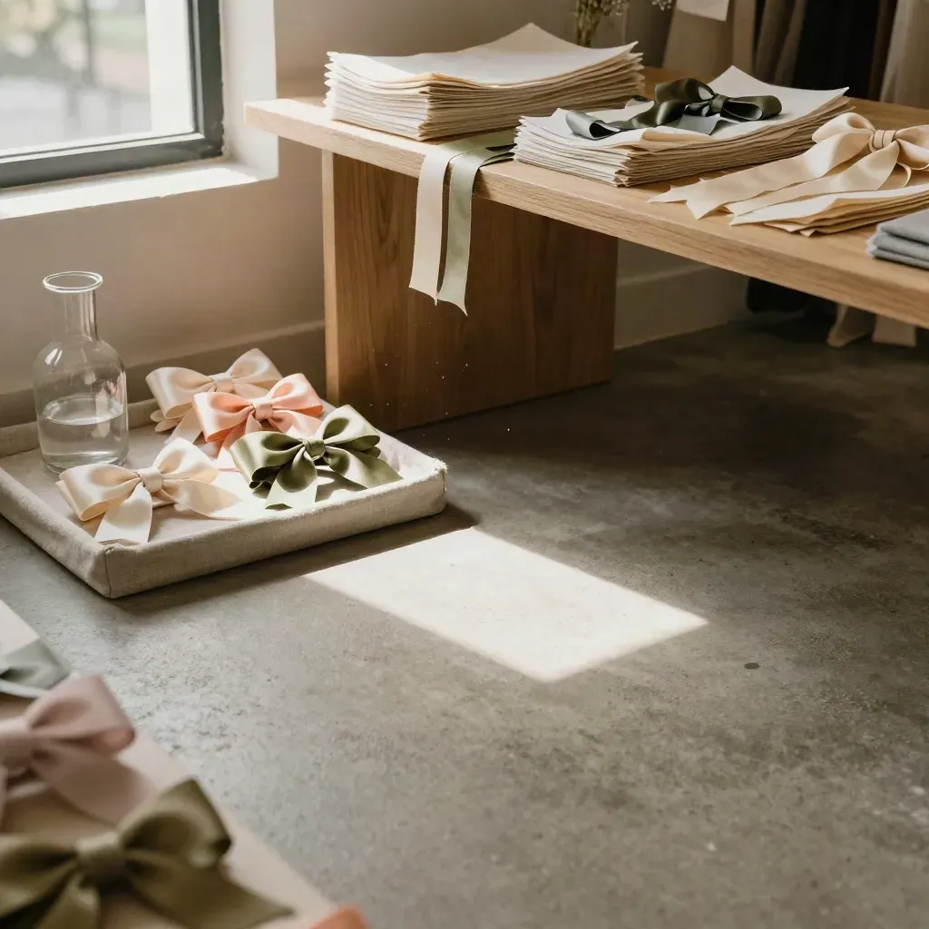 Bridal atelier corner with favor bows, linen tray, glass vase and tissue in soft window light.