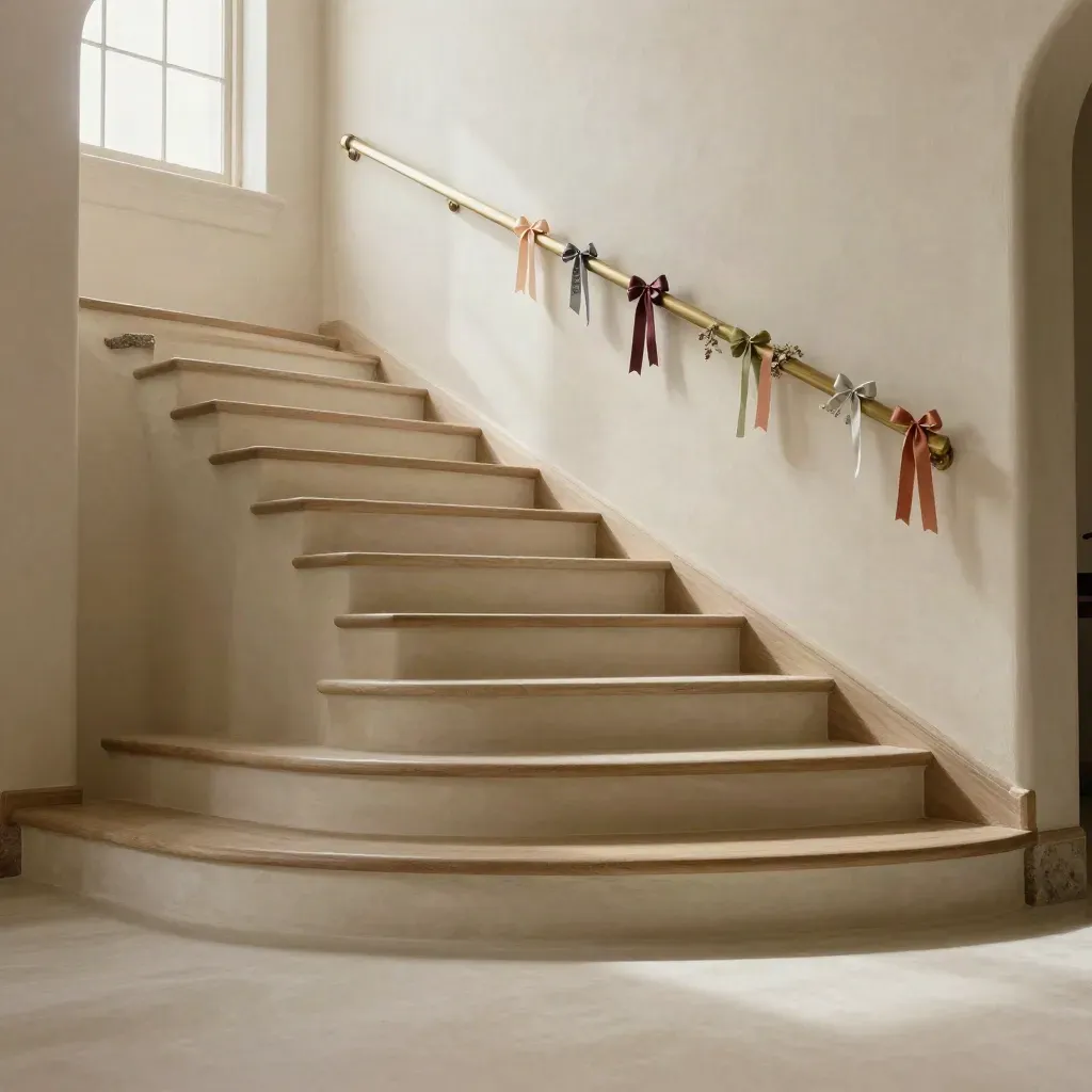 Sunlit cream plaster stair landing with seasonal bows, garland, and calm copy space