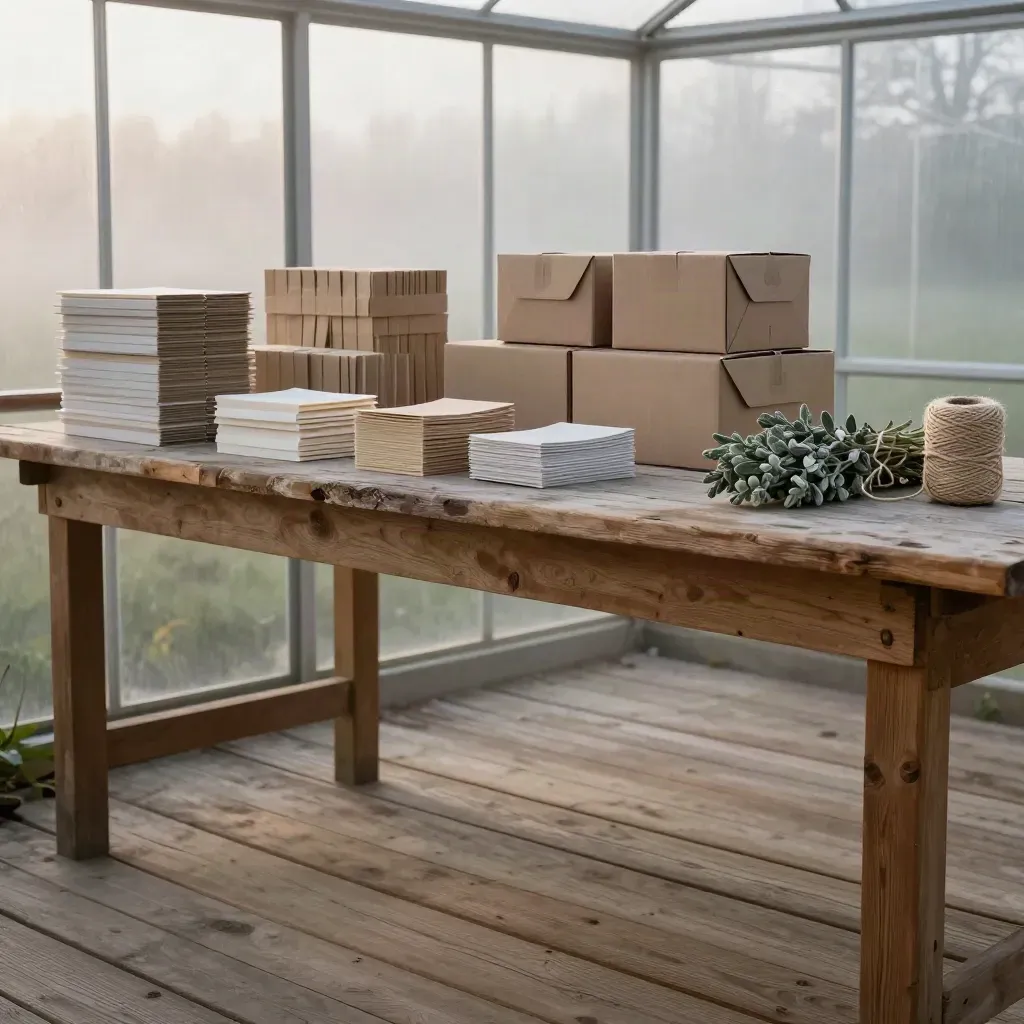 Wholesale bow bundles and shipping cartons on a misty greenhouse table at dawn