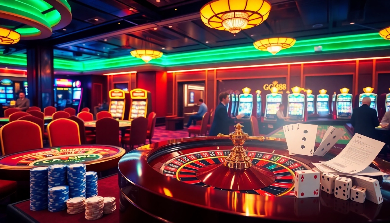 Engaging gg88 online gambling scene with vibrant casino tables and glowing slot machines.