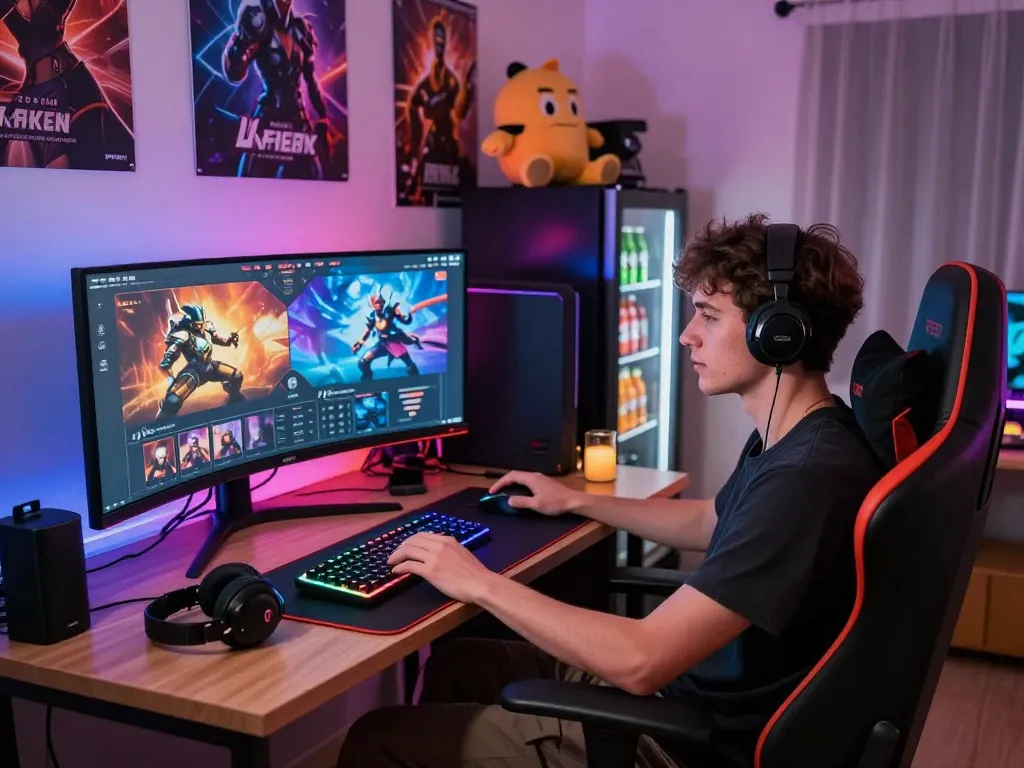 Young adult immersed in playing online porn games in a vibrant gaming room, surrounded by gaming accessories.