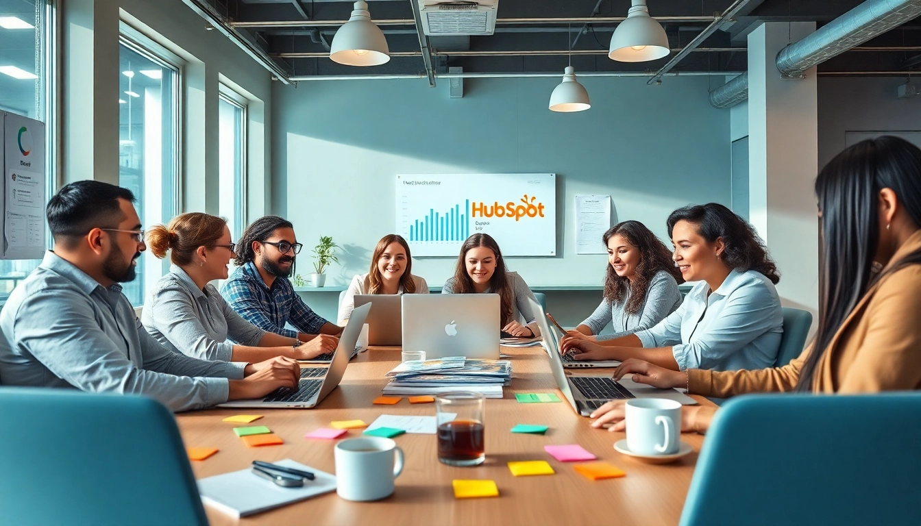 Engaged professionals utilizing hubspot free tools in a modern marketing workspace.