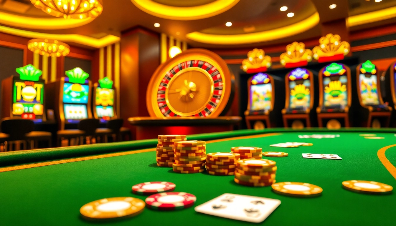 L'atmosphère électrisante d'un casino en ligne de luxe 2026 avec une table de poker vibrante et une roue de roulette tournante.