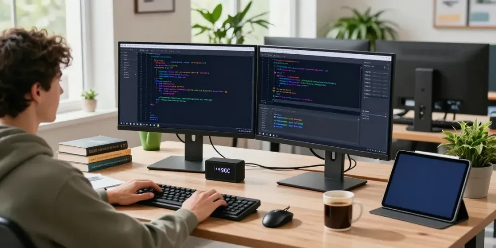 A developer using Notepad++ at a modern coding workspace with dual monitors and natural lighting.