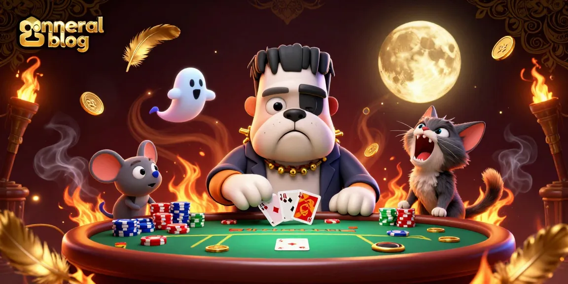 Engage with an exciting general blog scene featuring a Frankenstein bulldog dealer in a mystical casino.