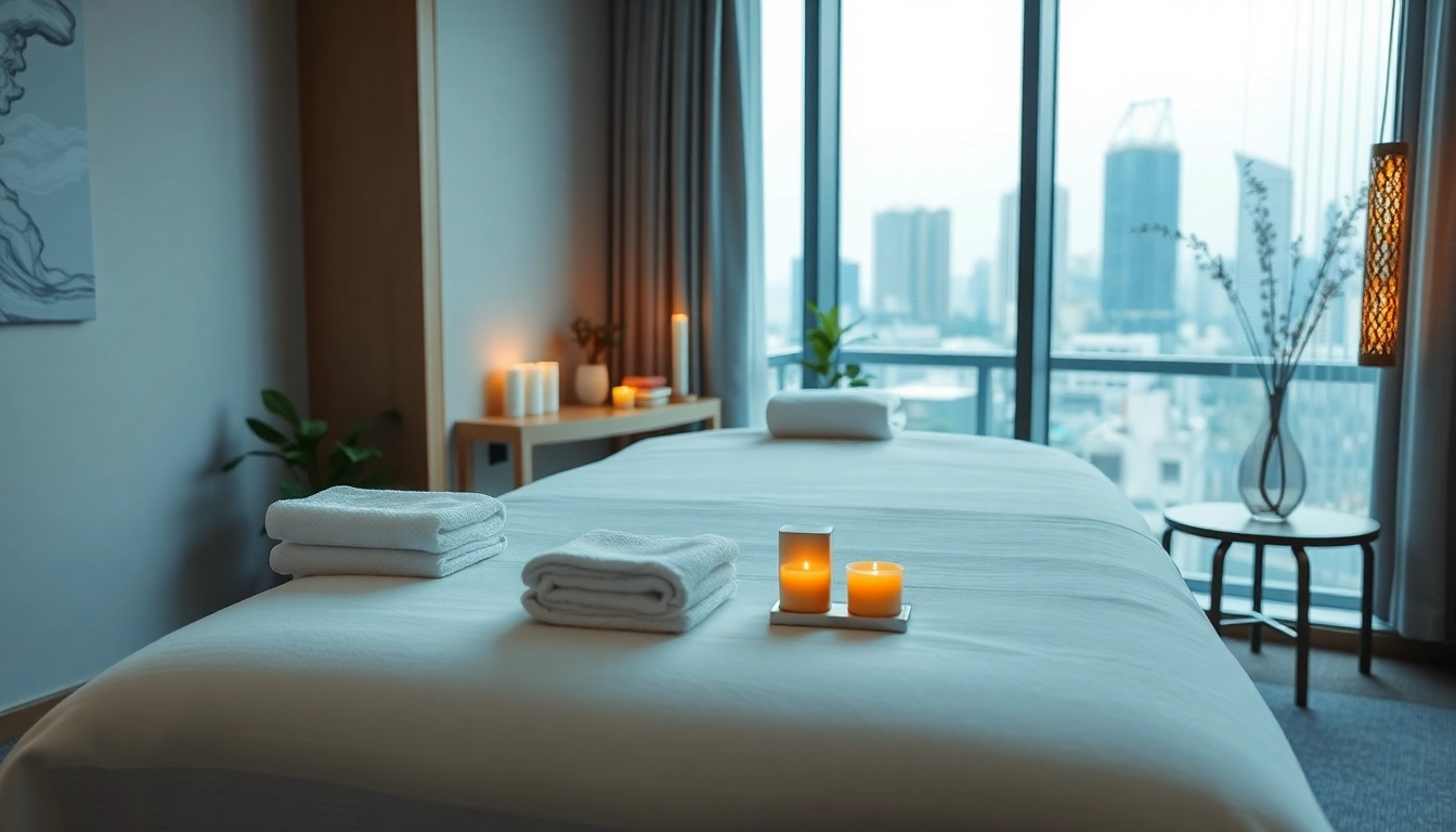 Relaxing 서울출장마사지 setup in a luxurious hotel room, featuring a massage table, essential oils, and city skyline view.