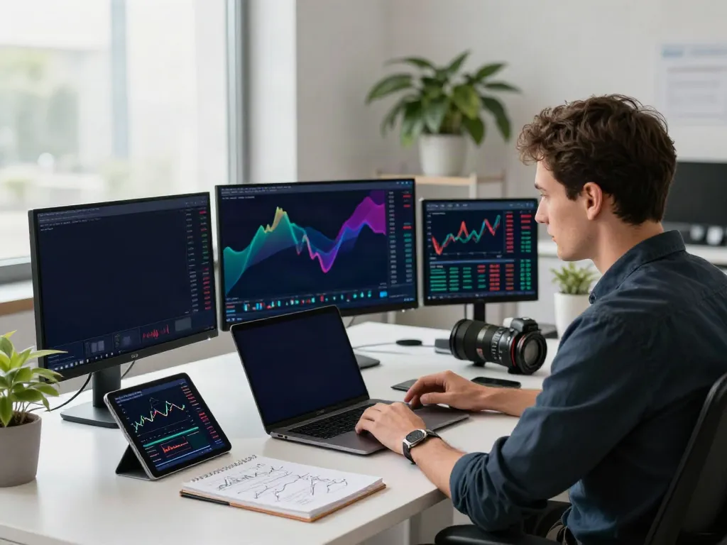 Traders analyzing data on TradingView in a modern office setting.