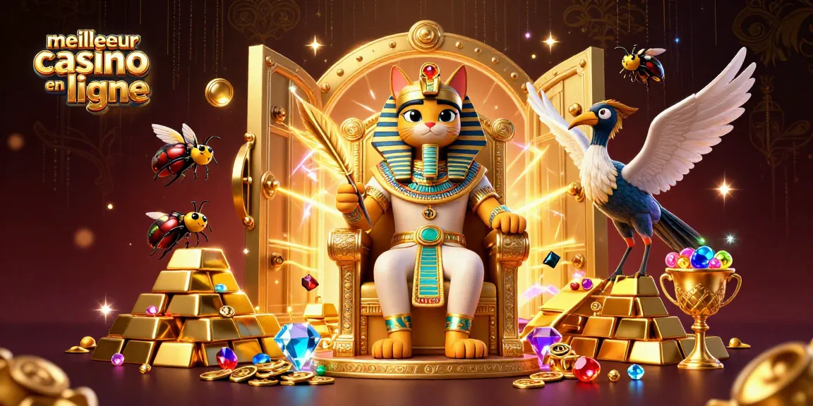 Découvrez le meilleur casino en ligne avec une illustration d'un pharaon égyptien entouré de richesses.