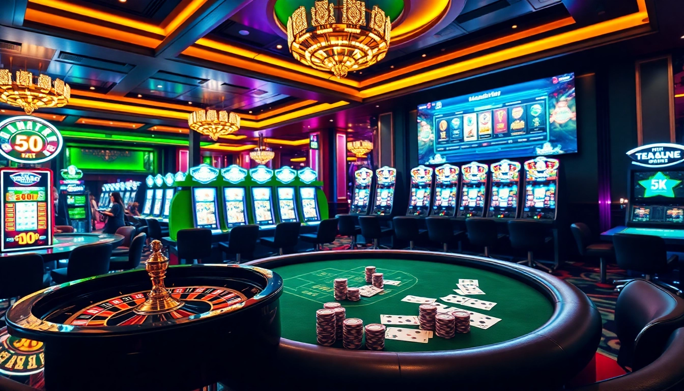 Engaging casino atmosphere showcasing situs deposit 5k with roulette, poker, and slot machines.