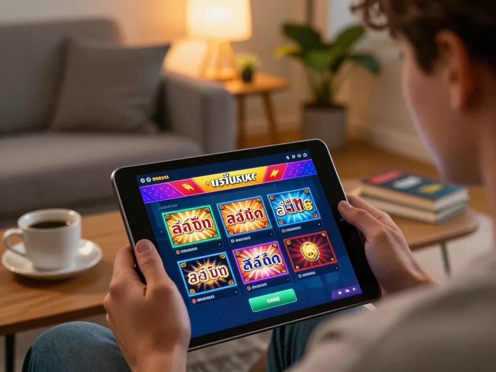 Engaging in สล็อตทดลอง on a tablet in a cozy home setting with warm lighting.