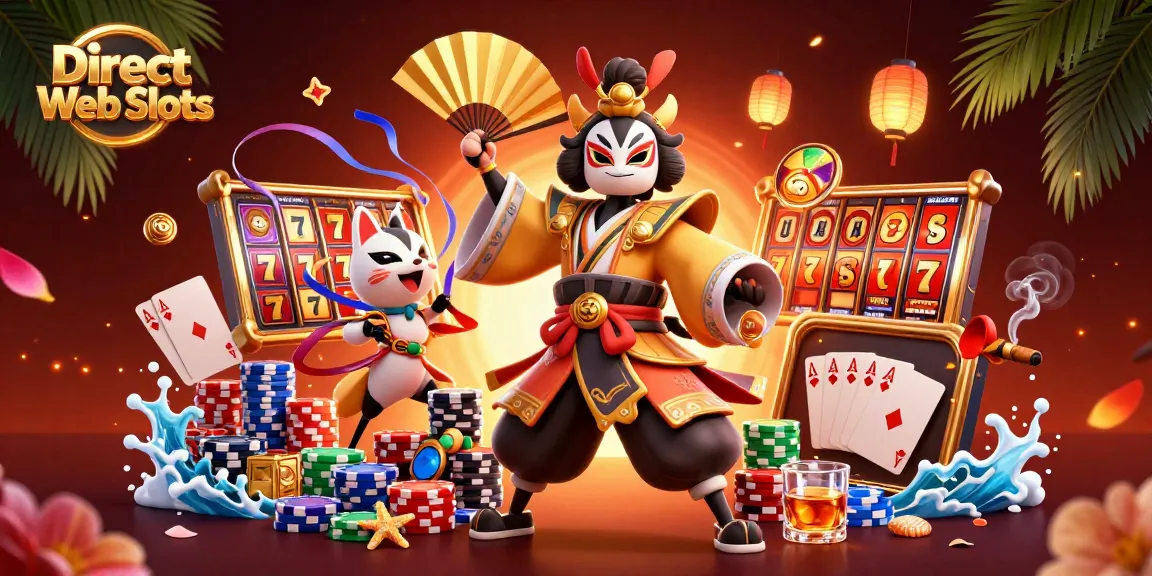 Engage with Direct Web Slots in an ultra-detailed 3D illustration featuring kabuki warrior and vibrant game elements.