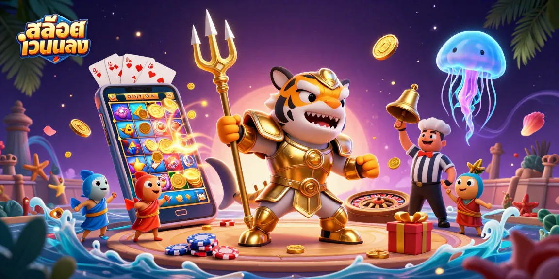 Experience excitement with สล็อตเว็บตรง through an underwater casino showdown featuring a gladiator shark and vibrant gaming elements.