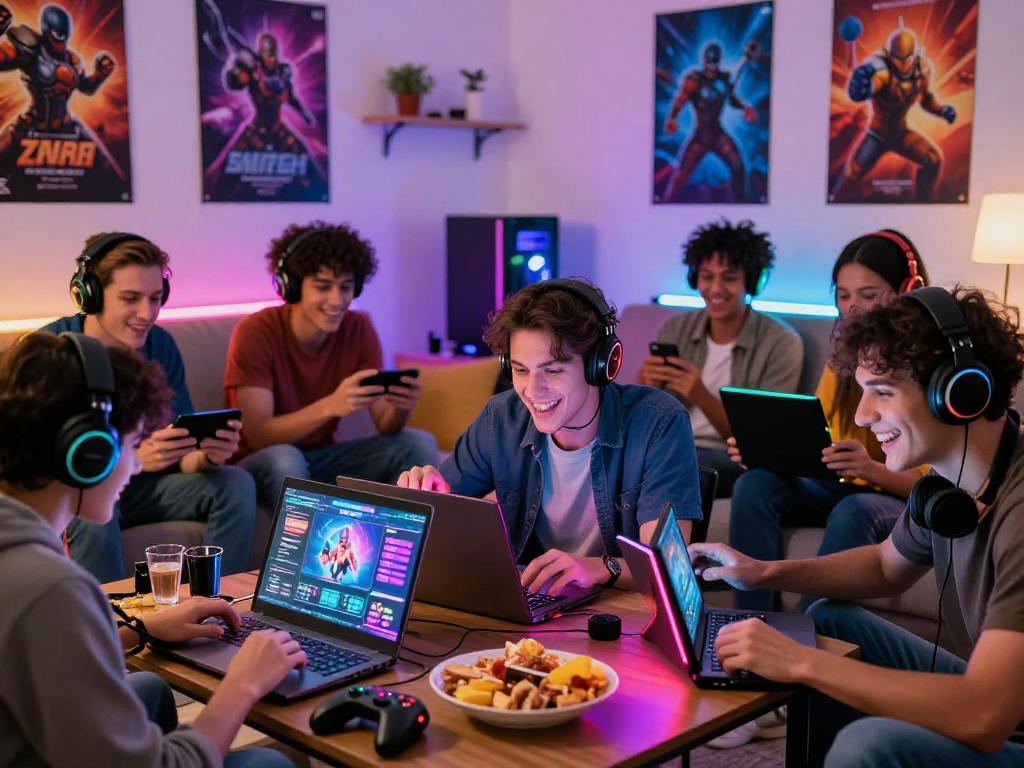 Group of friends enjoying html porn games on laptops and tablets in a cozy living room