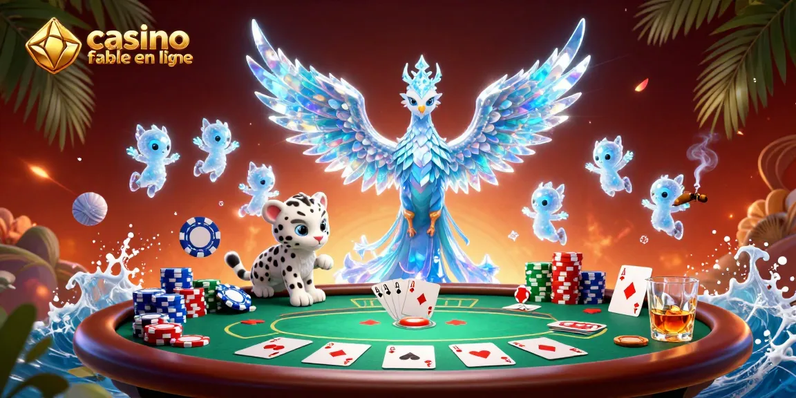 Jouez au casino fiable en ligne avec une illustration animée d’un phénix de glace entouré de jetons et de cartes.