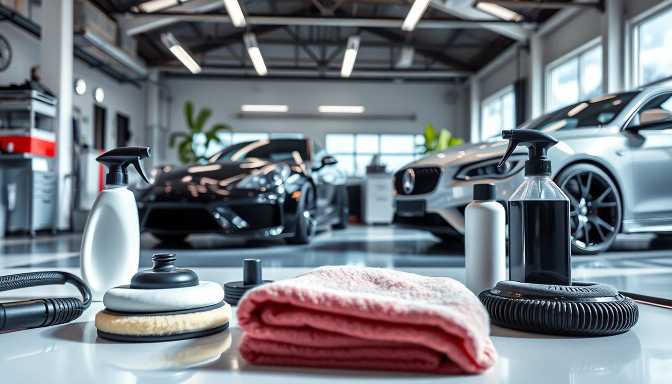 Car detailing near me with professional tools in a well-lit garage environment.