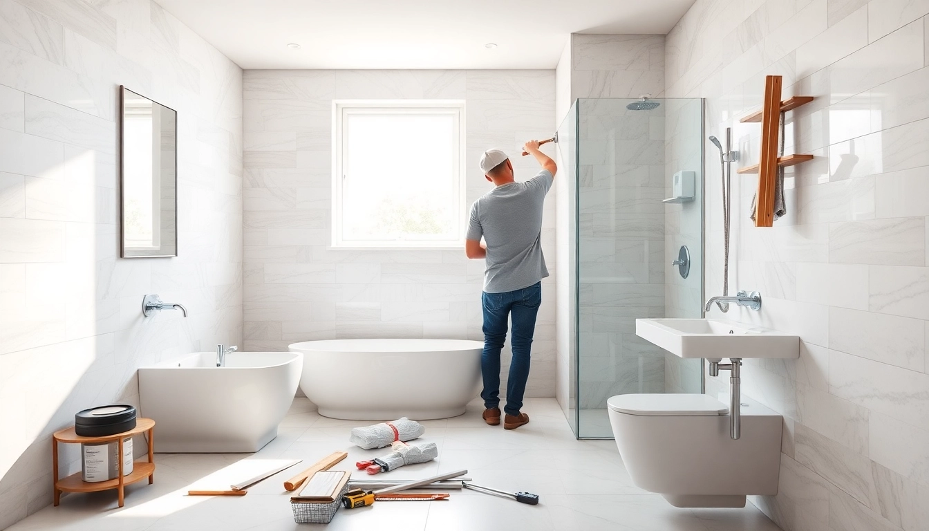 Talented bathroom builders collaborating on a stylish renovation project with modern fixtures.