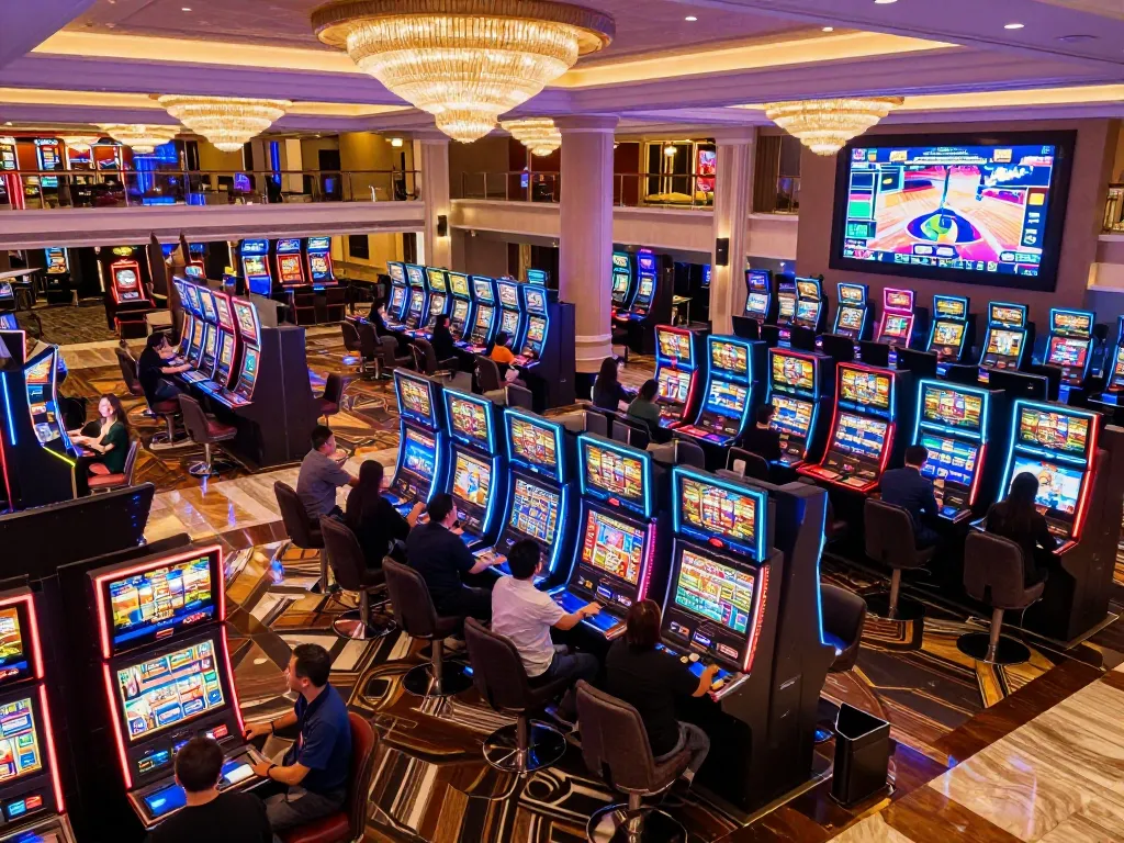 Engaging slot machine gameplay with sunwinapk flashing rewards, vibrant casino atmosphere filled with excitement.