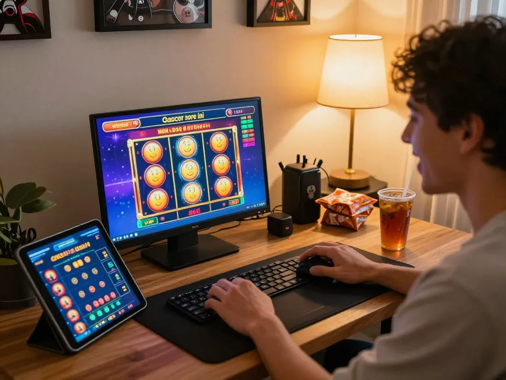 Player experiencing slot gacor sore ini online during evening gaming session at home, showcasing exciting slot gameplay.