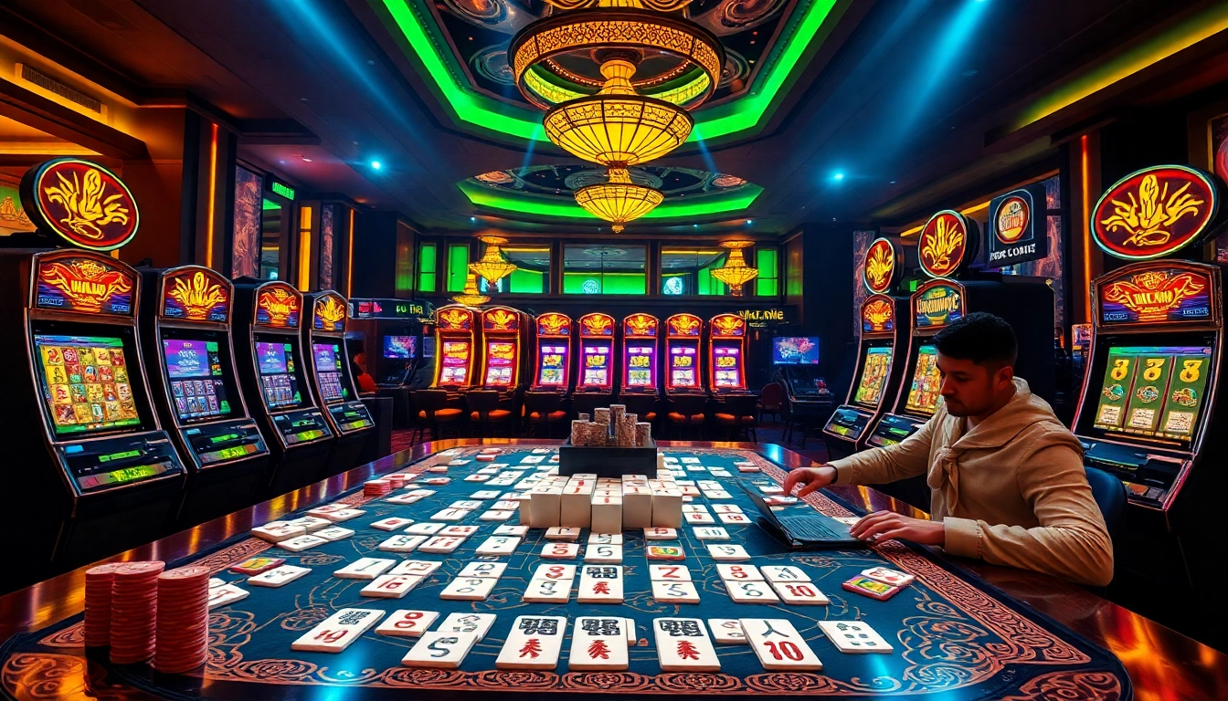 Engage with link mahjong in a vibrant casino scene filled with excitement and luxury.