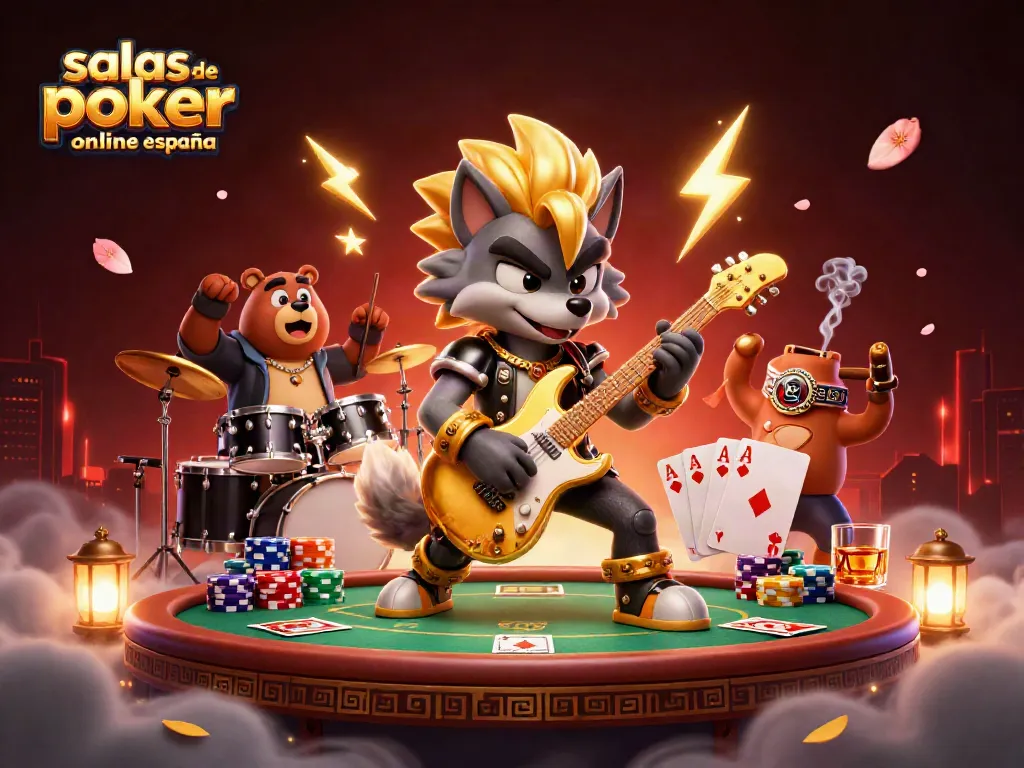 Disfruta de las salas de poker online en España con acción animada de personajes y elementos de juego.