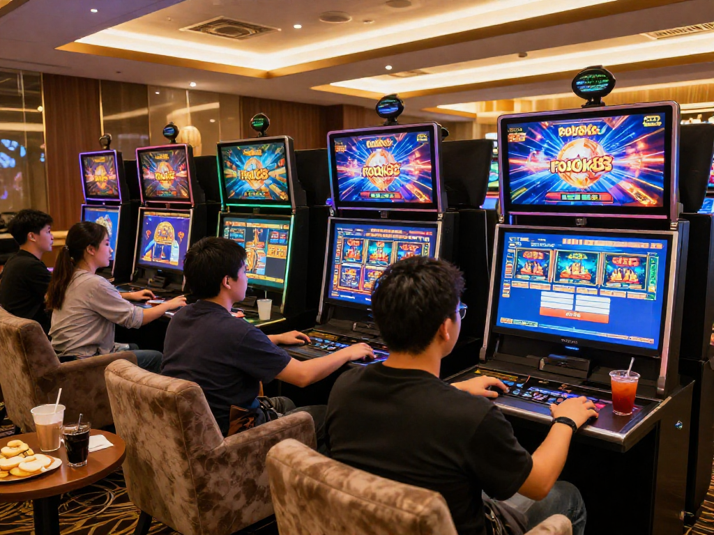 Exciting gambling scene featuring players at rokok88 slot login, high-definition gaming screens, and vibrant atmosphere.