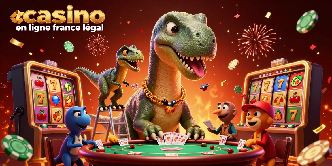 Un brontosaure observant et un dealer raptor au casino en ligne france légal, avec des éléments de jeu vibrants.