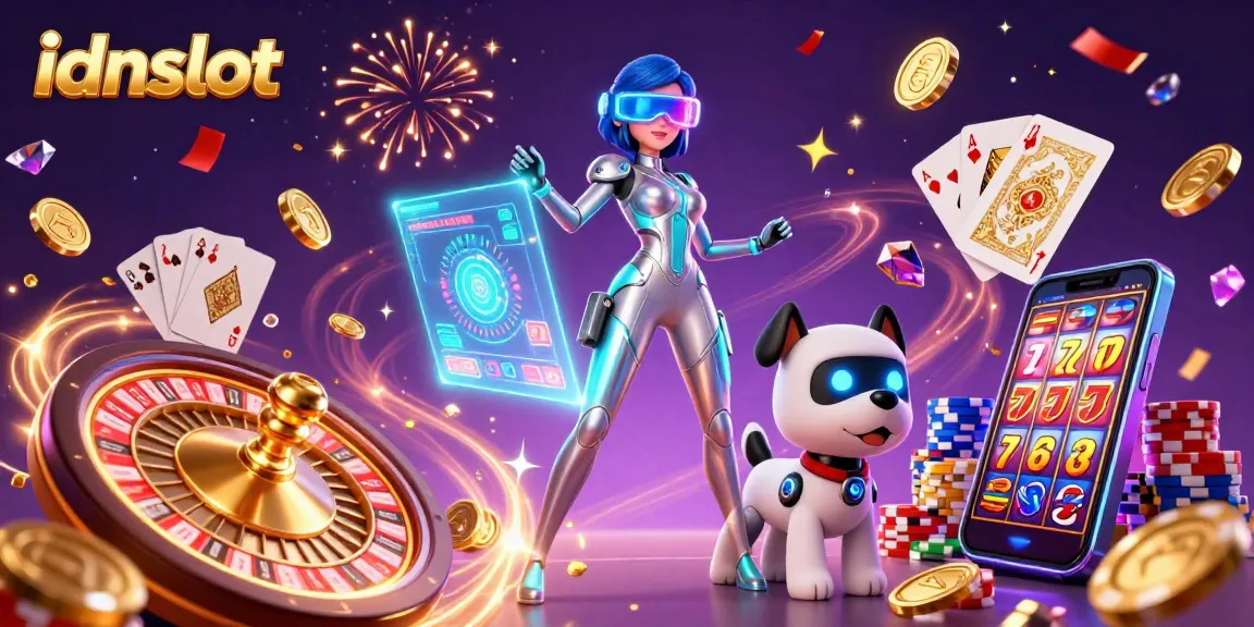 Experience the excitement of idnslot with a futuristic woman and robot dog amid vibrant casino elements.