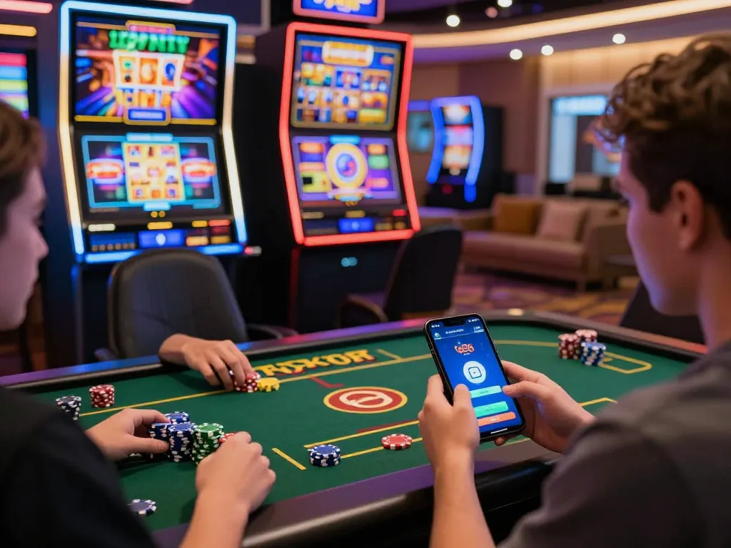 Engaging players enjoying tg88 slots on a mobile device in a cozy casino setting.