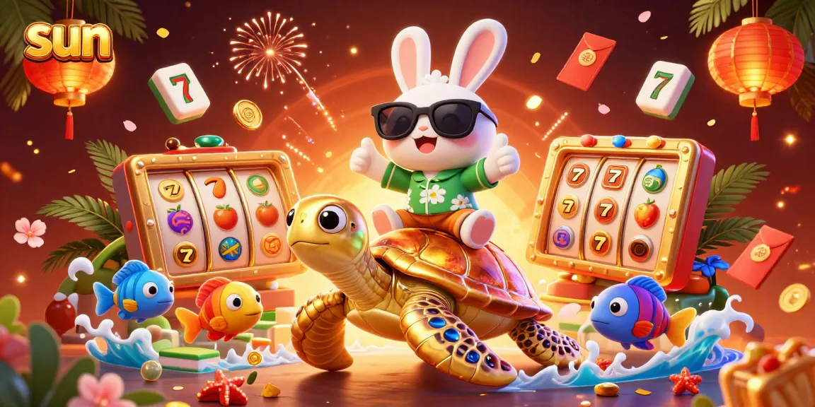 Experience casino excitement with the sun shining as a lucky rabbit enjoys slot machines on a turtle.