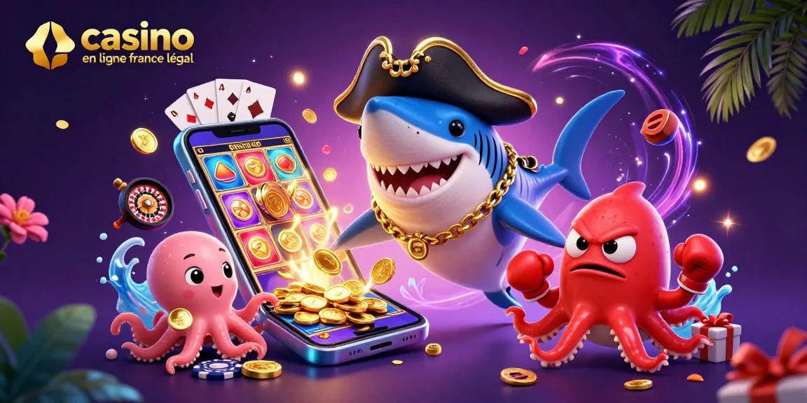 Jouez à casino en ligne France légal avec des personnages amusants entourés de pièces d'or et de jeux de casino.